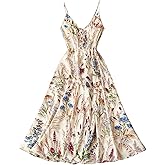 SOLY HUX Women's Summer Floral Dress Bow Tie V Neck Spaghetti Strap A Line Flowy Midi Dresses Boho Vacation Sundress
