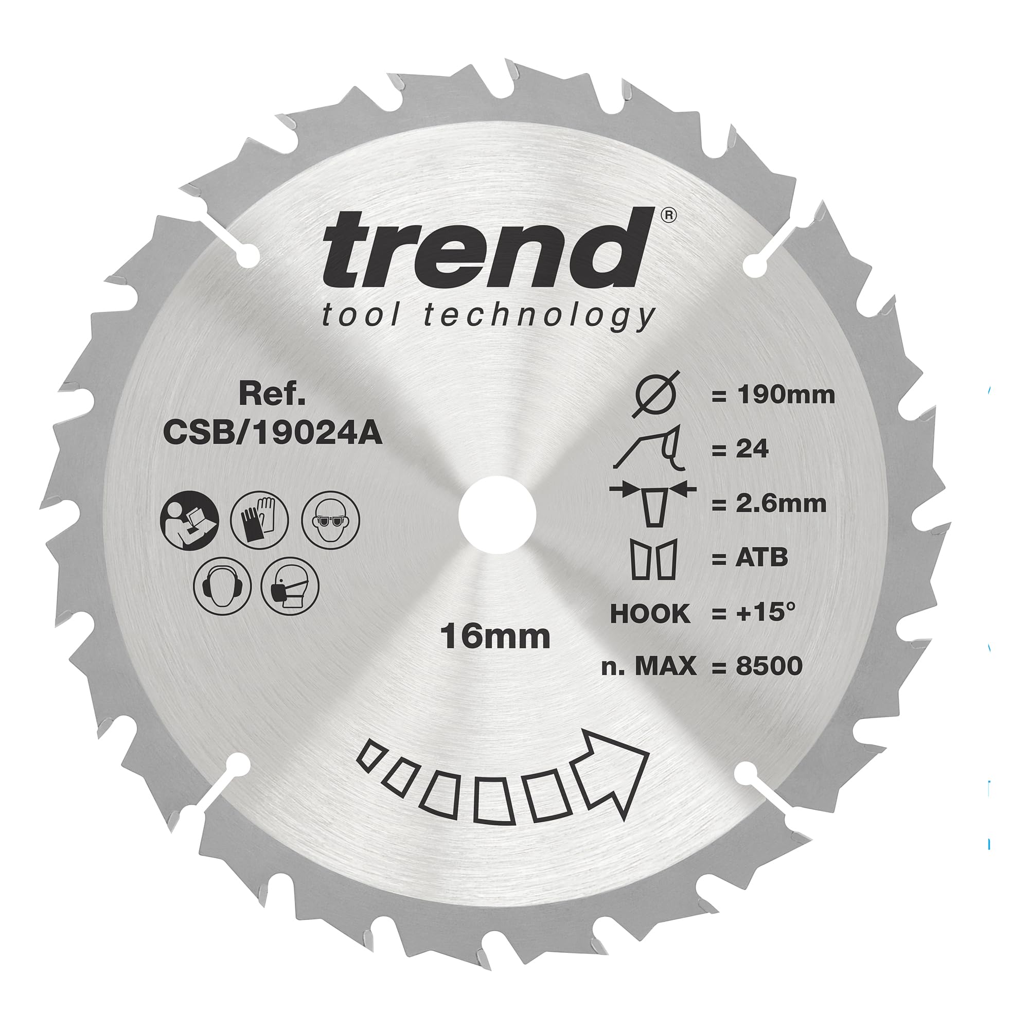 Trend Wood Circular Saw Blade, 190mm Diameter, 16mm Bore, 24 Teeth, 2.6mm Kerf, +15° Hook, TCT, Medium Finish, CSB/19024A