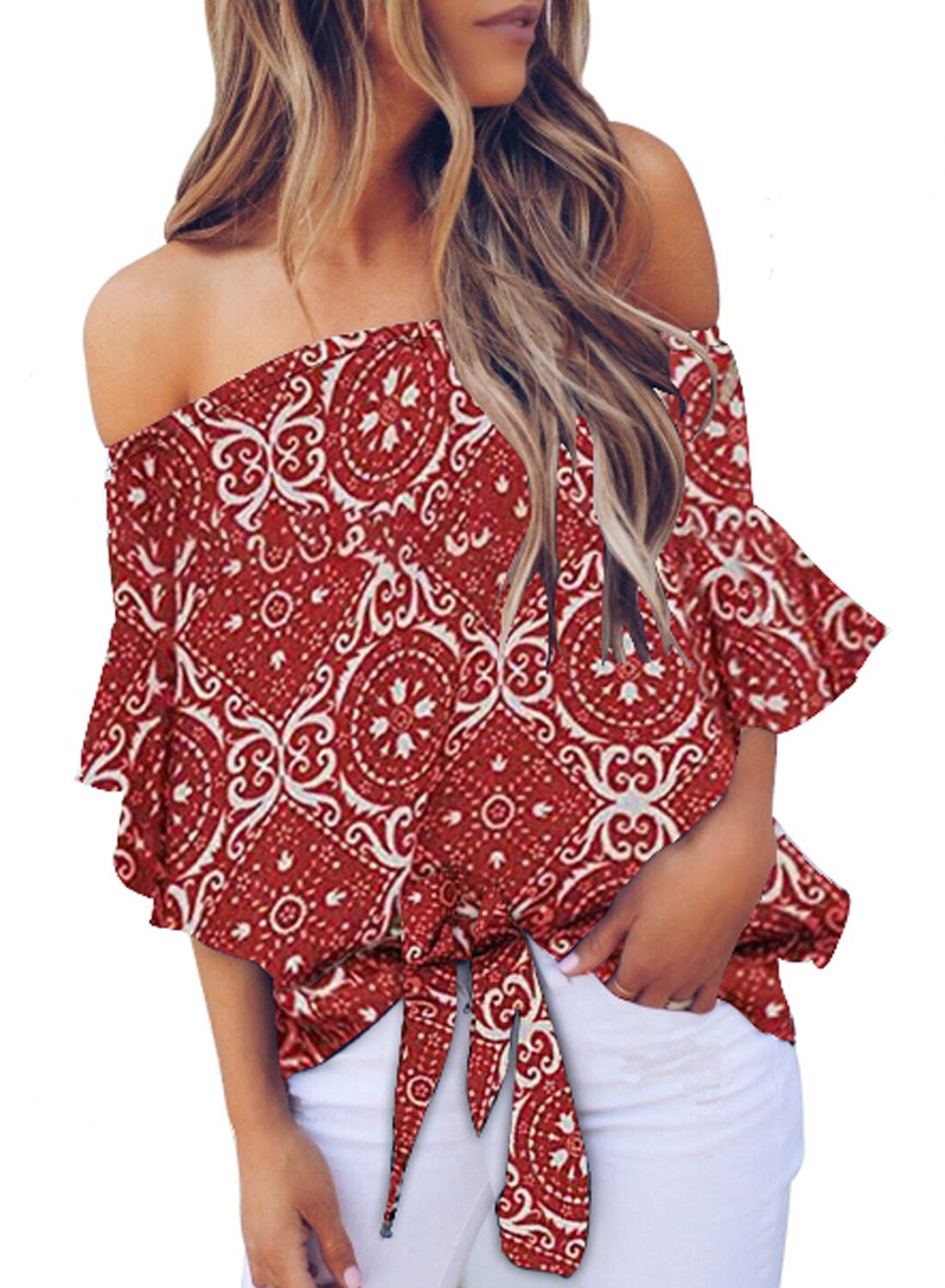 Womens Striped Printed Off The Shoulder Tops 3 4 Flared Bell Sleeve Blouses Summer Tie Knot T-Shirt