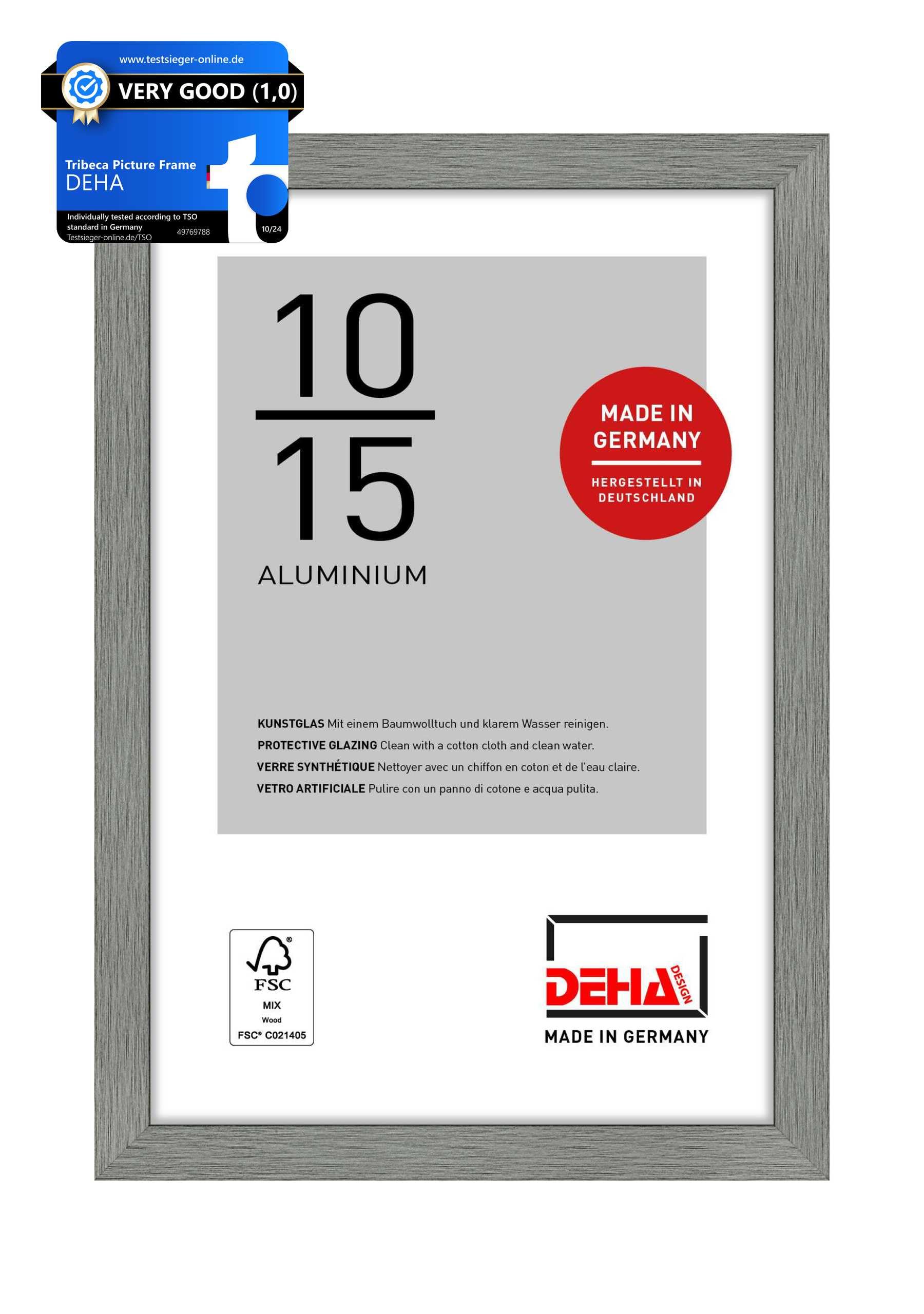 DEHA Design Tribeca Aluminium Picture Frame - 10x15 cm (4x6 in) – Brushed Grey - with Synthetic Glass and Push/Turn Clips