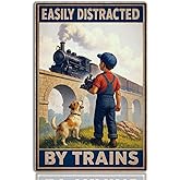 Easily Distracted by Trains Tin Sign – Train Decor for Boys Room and Men – Train Gifts for Dad and Collectors – Vintage Train Wall Decor for Train Room or Man Cave – 8x12 Inch Metal Sign