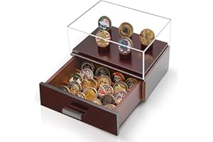 ULTRGEE Challenge Coin Display Case, Military Coin Collection Holder with Wooden Coin Box, Drawers, and Clear Acrylic Lid – Gifts for Coins Collectors (5 Pillars)