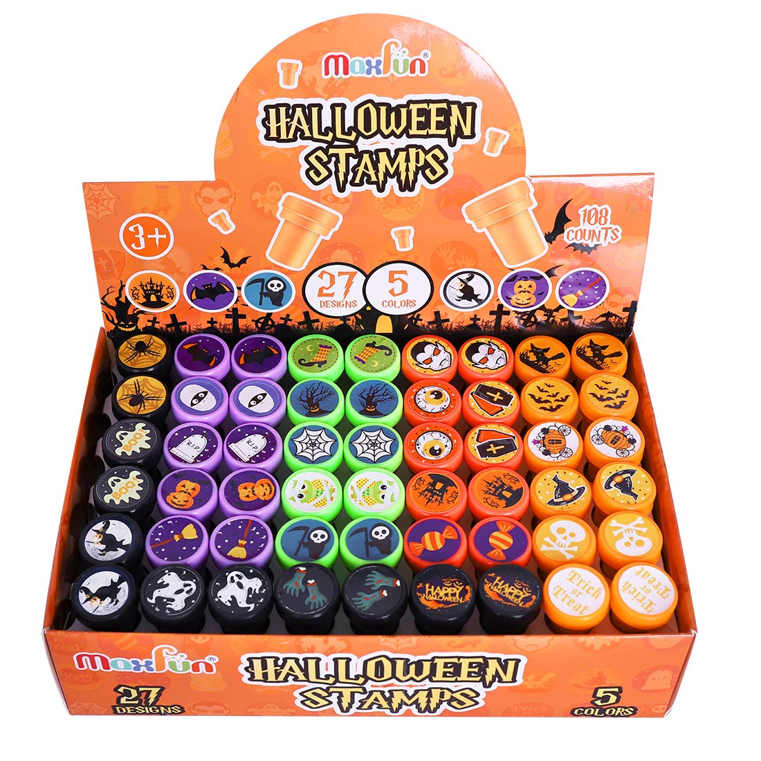 Max Fun 108Pcs Halloween Assorted Stamps ( 27 Designs, 5 Colors Trick or Treat Stamps ) for Kids Halloween Party Favors Supplies, Goodies Bags, Classroom Game Reward Prizes (Halloween Stamper)