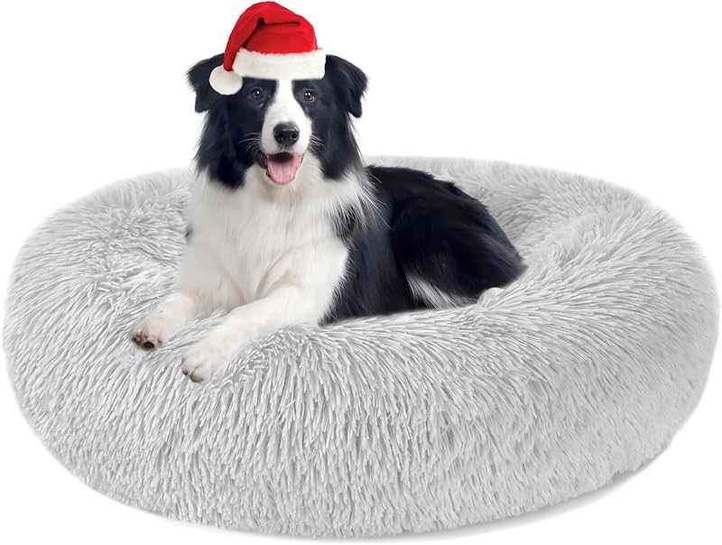 Nepfaivy Calming Donut Bed for Dogs Cats 27.5in XL Light Grey