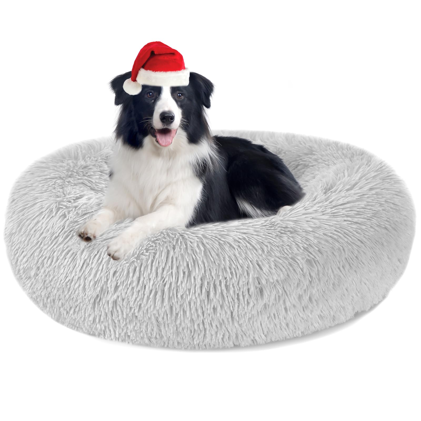 Nepfaivy Calming Dog Cat Donut Bed - 27.5in Fluffy Plush Puppy Kitten Cuddler Round Bed, Warm and Soft Pet Cosy Anti Anxiety Beds with Non-Slip Bottom and Washable(XL-70CM, Light Grey)