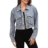 YPCT Women's Long Sleeve Button Down Cropped Trucker Short Denim Jean Jacket with Pockets