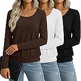 Velvelhall 3 Pack Women's Long Sleeve Shirts Scoop Neck Tops Fit Banded Hem Loose Basic Tee Soft Undershirt Fall Layering