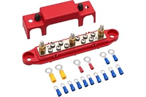 Mofeez Bus Bar -3x1/4” Post,10x#8 Screw Terminal Power Distribution Block with Ring Terminals（Single-Red）