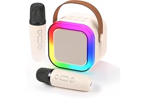 Fede Karaoke Machine for Kids Adults, Mini Karaoke Machine with 2 Wireless Microphones, Portable Bluetooth Speaker with Voice Changing Effects & LED Lights, Best Gifts Toys for Girls and Boys Beige