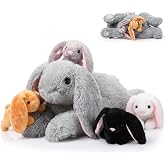 Sratte 5 Pcs Bunny Stuffed Animal Set with 4 Baby Plush, Gray, Lying | Large Mommy Bunny Plush, 4 Cute Stuffed Baby Rabbit in Her Belly, Soft Cuddly Rabbit Plush Gift, Birthday Baby Shower Favor