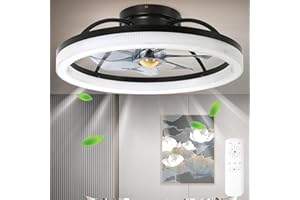 FUMLTP Low Profile Bladeless Black Ceiling Fans with Lights and Remote-20 Modern Enclosed Flush Mount Ceiling Fan for Bedroom and Small Room