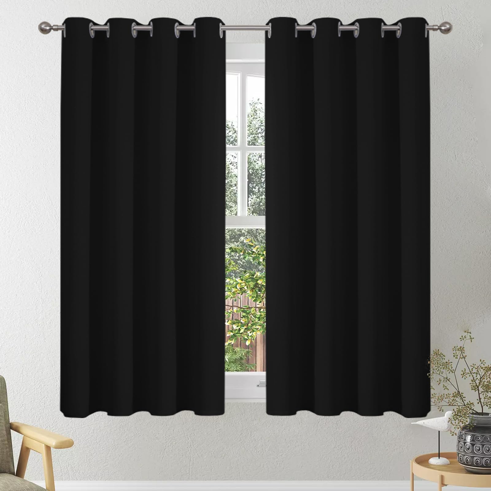 VEHEDE Short Small Window Blackout Curtains 45 Inch Drop, Eyelet Thermal Insulated Curtain for Cafe, Soft Black Out Bedroom Curtain, Living Room Curtains & Drapes, W46 x L45 Inch, Black, 2 Panels
