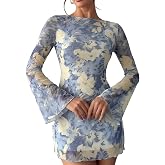 Milumia Women's Floral Long Sleeve Mini Dress 70s Going Out Dresses | Sheer Mesh,Wedding Guest Dress,A-Line,,Beach Vacation,Date Night,Fall Dresses For Women 2026