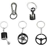 Bominton 5 Pack Cool Metal Car Parts Keychain Set | Gear Shift, Steering Wheel, Piston, Wheel Rim and Key Chain Holder, Belt Clip for Men Women