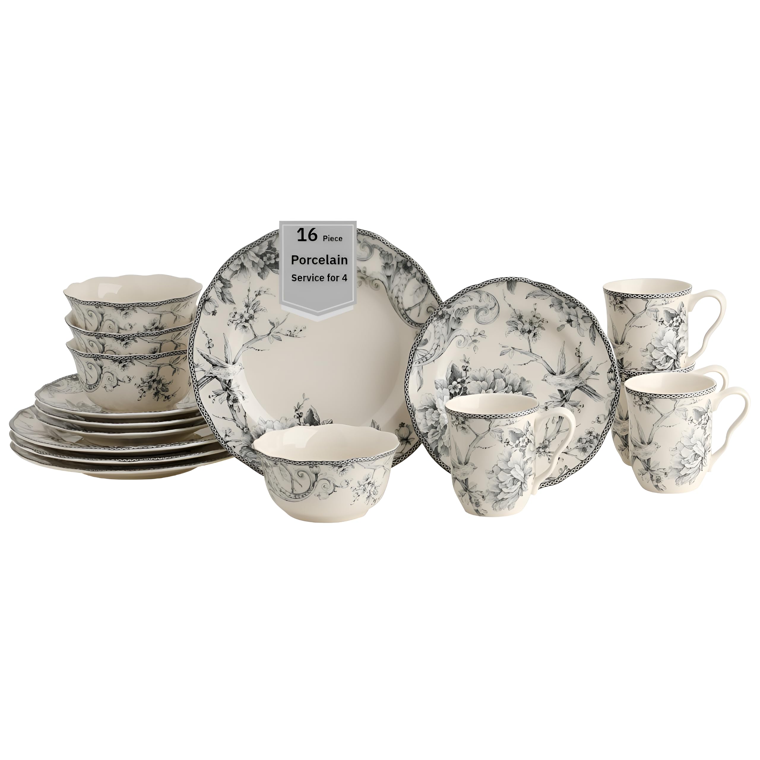 Photo 1 of 222 Fifth Adelaide 16-Piece Casual Grey Porcelain Dinnerware Set – Service for 4, Classic Toile Bird & Floral Design, Microwave & Dishwasher Safe, for Everyday Dining & Entertainment