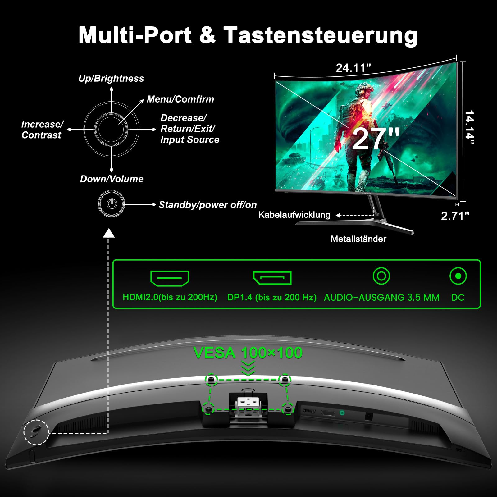 Minifire Gaming Monitor 27 Zoll Curved -200Hz, 1ms Reaktionszeit, VA Panel mit 130% sRGB, Lautsprecher integriert, 1920x1080 Full HD, Adaptive Sync, für PS5/PC Gaming, inklusive HDMI-Kabel (MFG27C1) 9