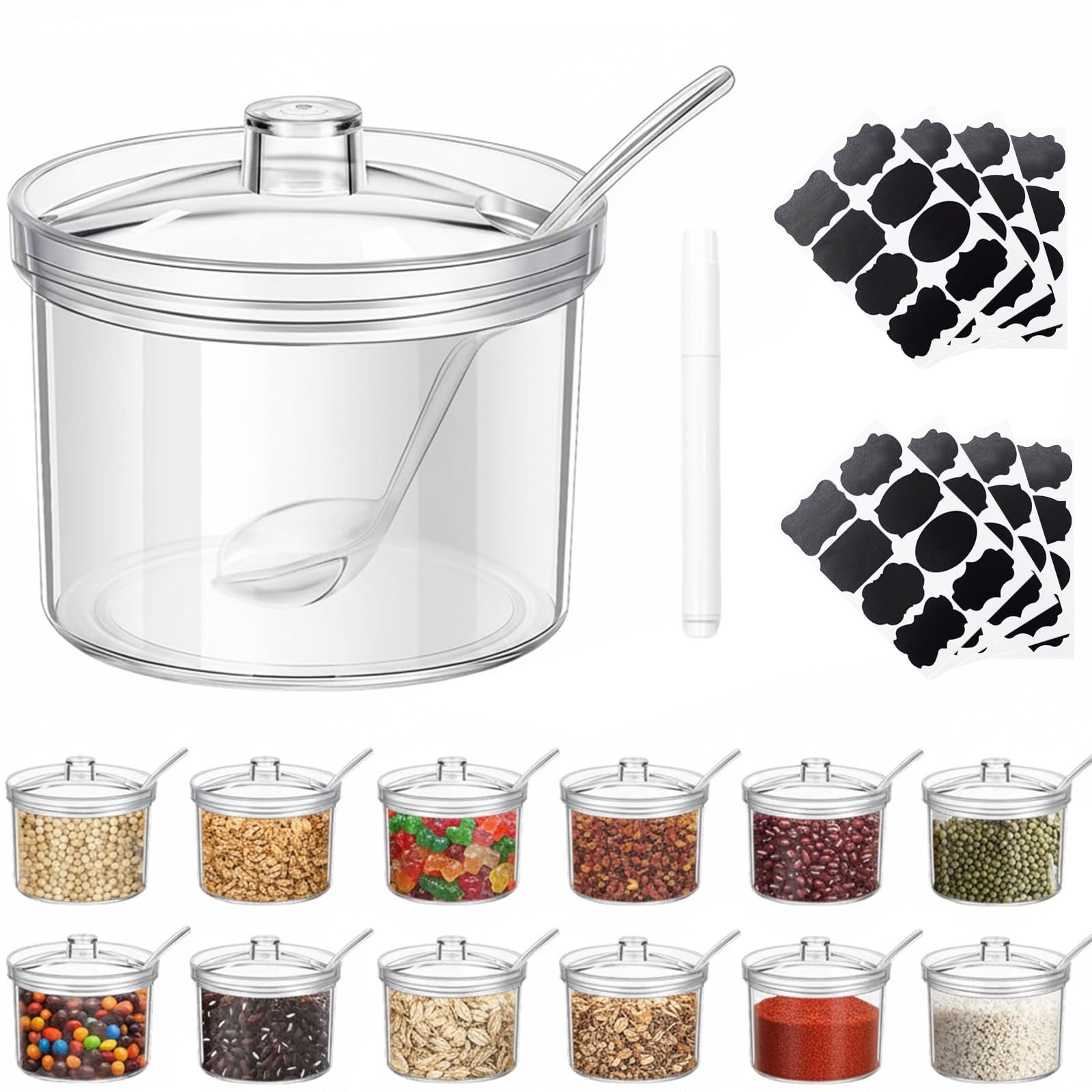 Photo 1 of ***VERY SMALL*SEEPICTURES***ZILAMGOO 12-Piece Acrylic (PLASTIC) Sugar Containers with Lids & Spoons - 7.1 oz Clear Sugar Bowl Dispenser for Coffee Bar, Ice Cream Sundae Toppings, Condiment Organizer Set***VERY SMALL*SEE PICTURES***THE SPOONS MOVING AROUND