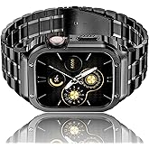 HASLFM Stainless Steel Watch Band with Case Compatible with Apple Watch Series 6 5 4 SE3/2/1(44mm),Series 3 2 1 (42mm),Metal Strap and Rugged Protective Cover for iWatch Bands Cases Men, Black