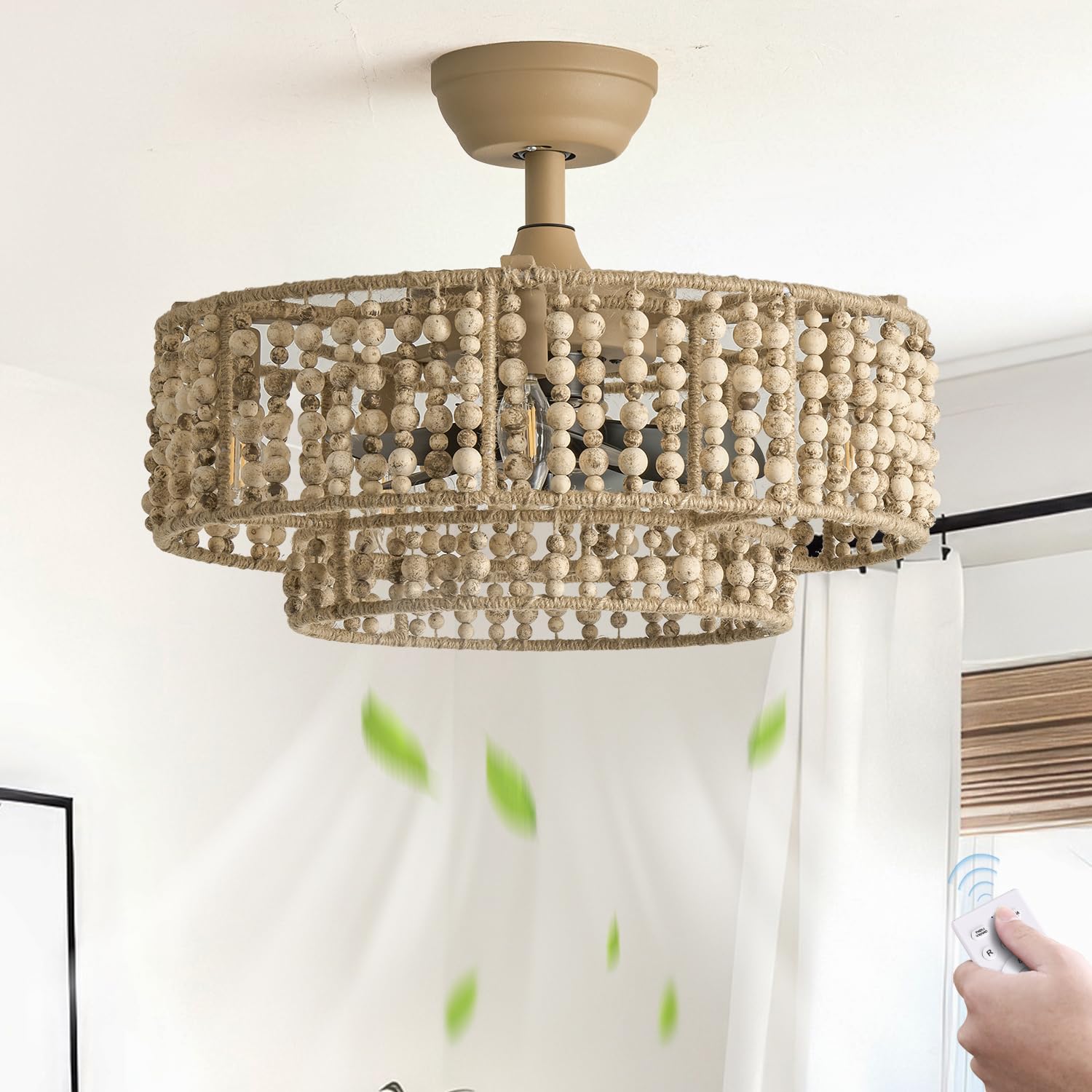 Photo 1 of luansky 20" Boho Ceiling Fan with Light, Bohemian Rustic Ceiling Fans with Lights and Remote Control, Caged Enclosed Wood Beaded with 6 Speeds for Living Room Bedroom, E26 Base, Indoor