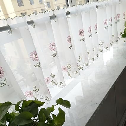 1 PCS Multi-Size ZebraSmile Embroidered Flower Half Window Curtains Window Tier Curtain Tier Semi Sheer Curtain Window Treatment Voile Window Tier for Kitchen Living Room Valance