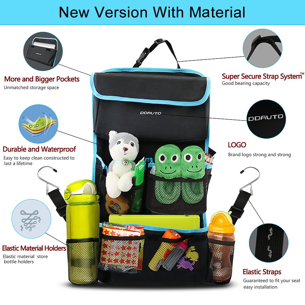 Car Backseat Organizer Storage Bag with Sun Visor Organizer Baby Travel Essentials Holder Kids Toys Accessories
