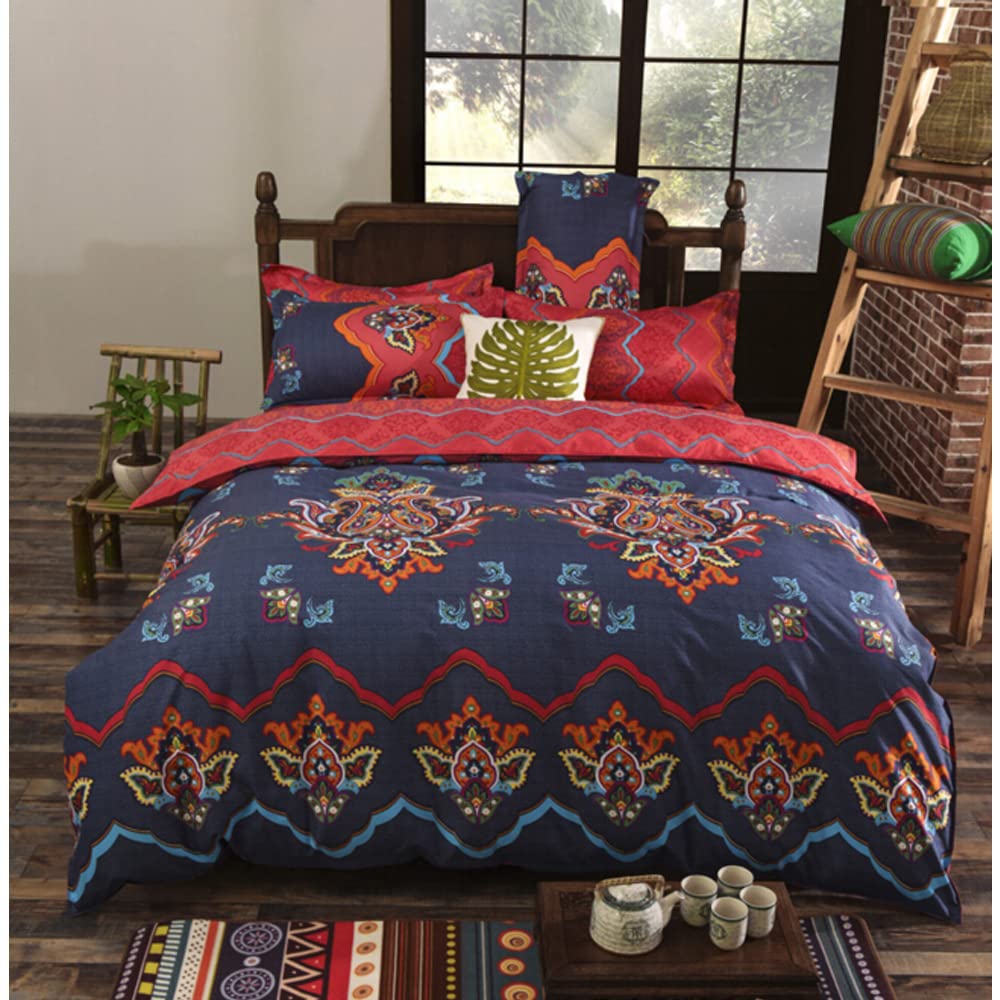 JQWUPUP King Duvet Cover Set - 3Pcs Vintage Ethnic Style Duvet Cover King Bed, Soft Quilt Cover for Teens Boys Girls Adult, Exotic Bedding Set (King Size, Navy)