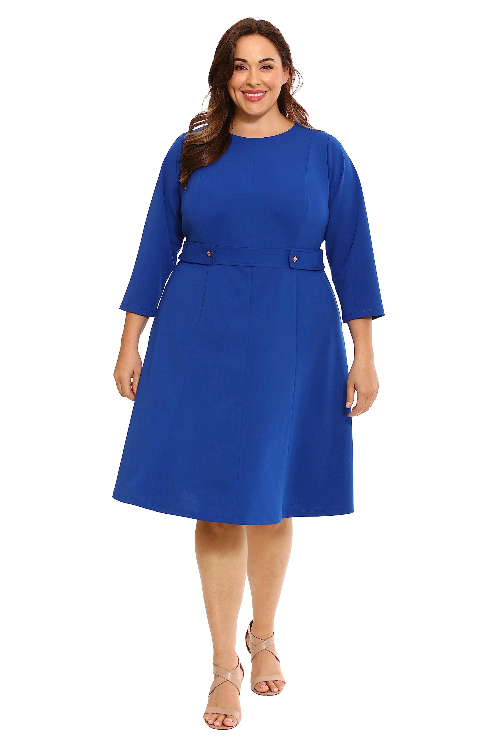 London Times Women’s Dresses Crepe Fit and Flare Midi with Waist Button Detail Blue