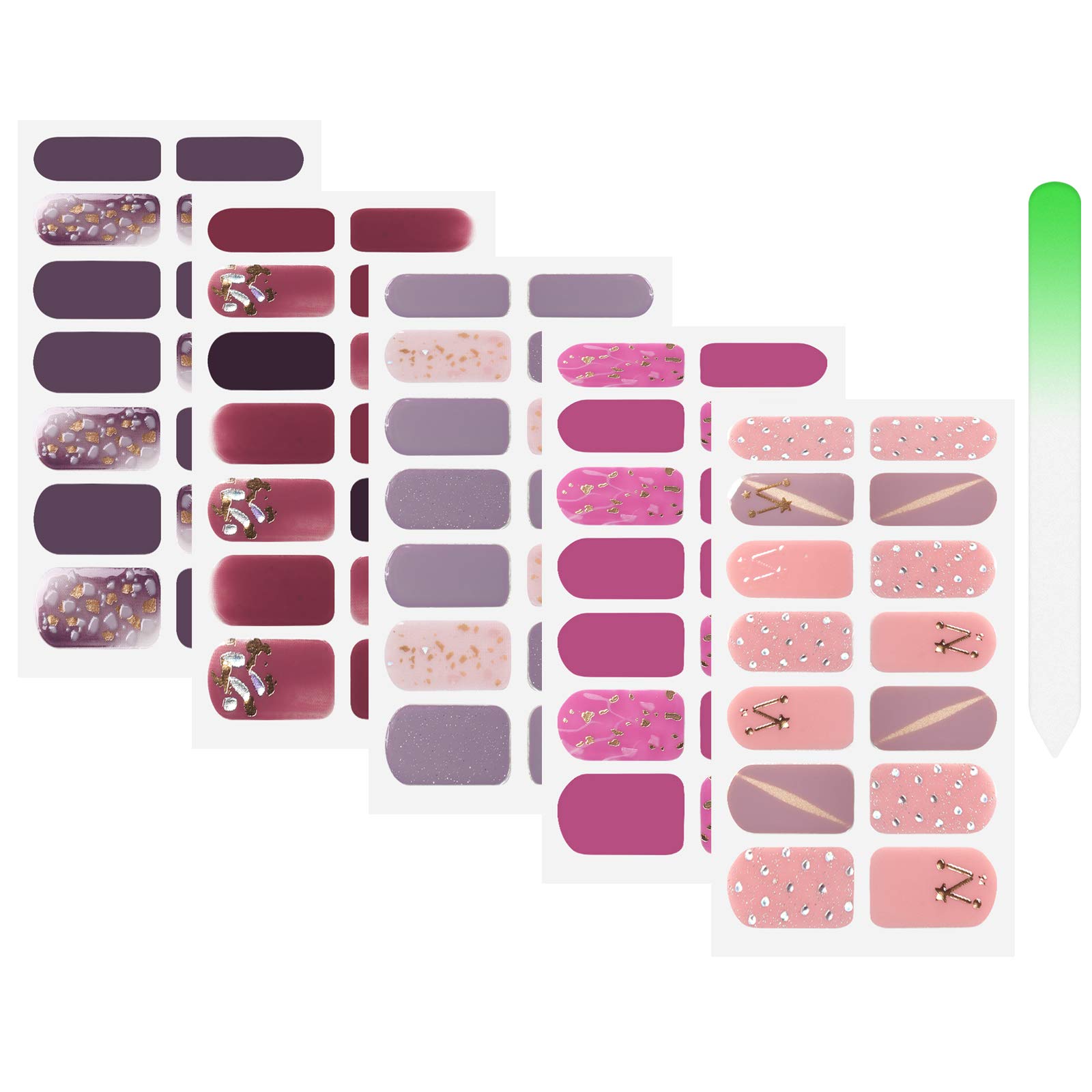 SIUSIO 70 Pcs 5 Sheets Full Nail Wraps Pure Color Nail Polish Strips Stickers Glitter DIY Nail Art Sticker with 1PCS Crystal Glass Nail Files Christmas Nail Wraps for Women and Girls