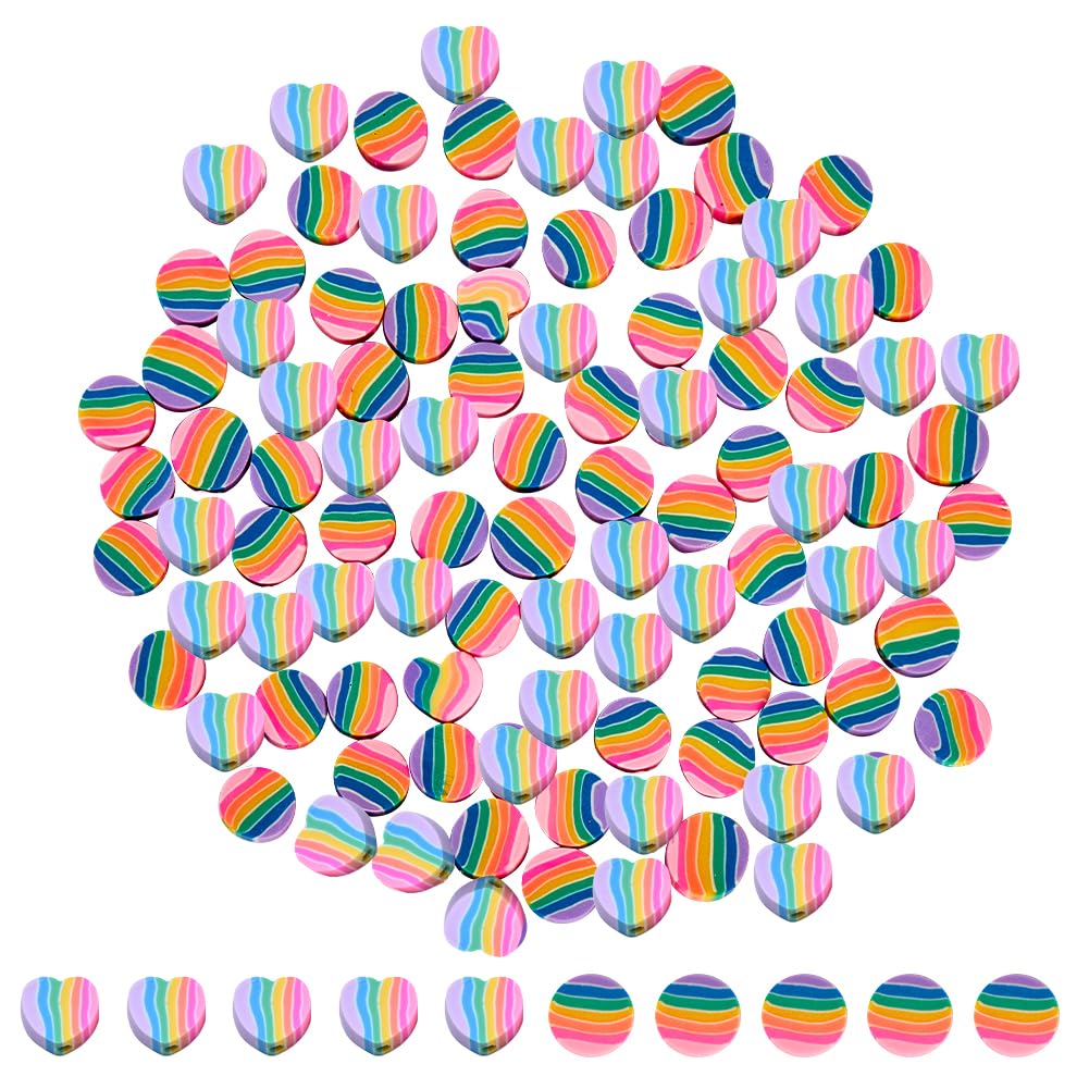 SUNNYCLUE 1 Box 200PCS 10mm Rainbow Polymer Clay Beads Heart Clay Beads Love y2k Kawaii Pinky Colorful Small Flat Round Spacer Bead Bulk for Jewellery Making Beading LGBT Valentine's Day Bracelet