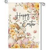 AVOIN colorlife Floral Happy Easter Garden Flag 12x18 Inch Double Sided Outside, Bunny Rabbit Eggs and Flowers Yard Outdoor Flag