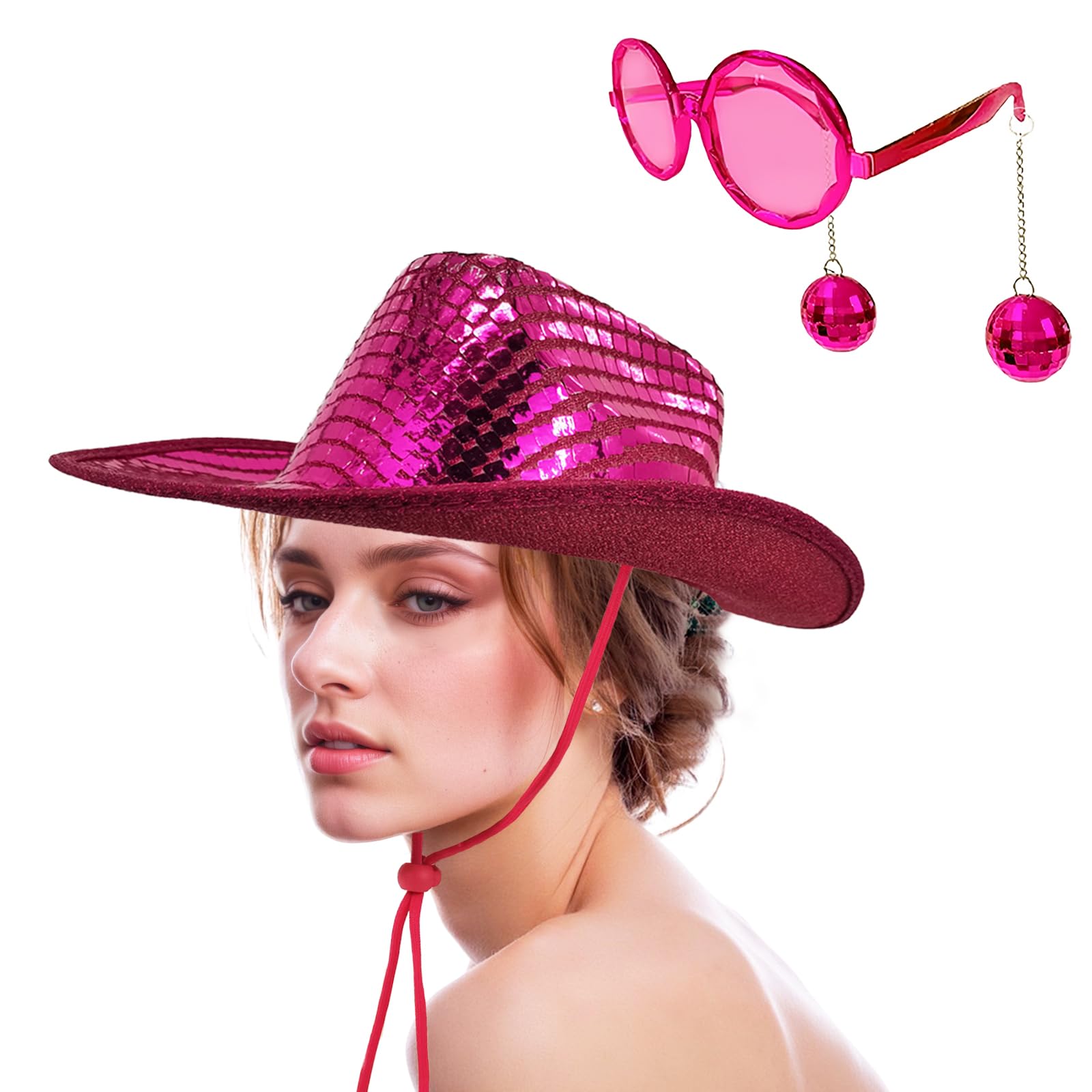 Photo 1 of JIANGLAI Disco Western Cowboy Hat with Disco Ball Sunglasses, Big Sequin Mirrored Cowgirl Hat for Women Men Costume Cosplay Party (Hot Pink)