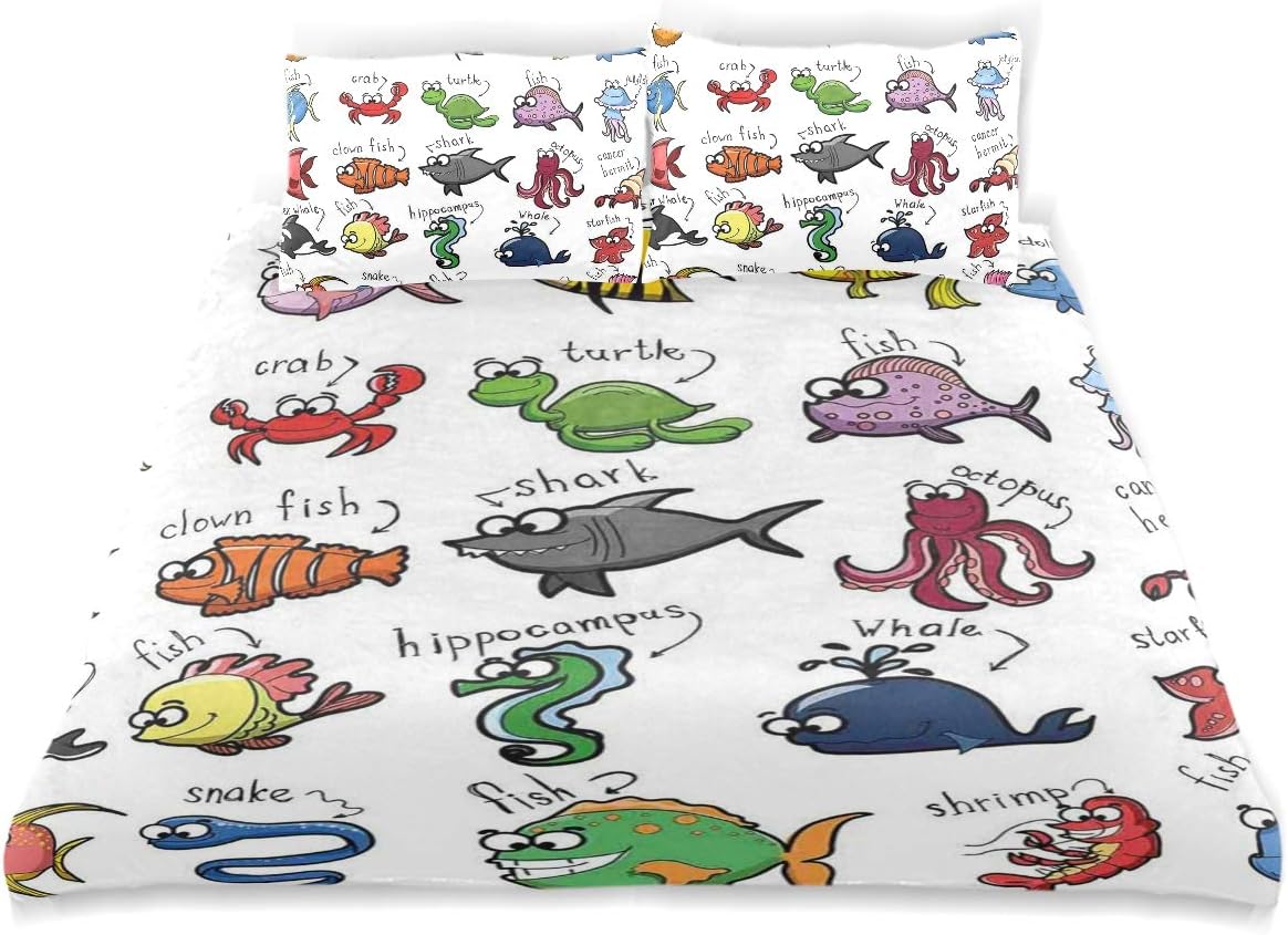 YCHY Decor Duvet Cover Set, Aquarium Cartoon Octopus Dolphin Shark Whale Clown Fish Jellyfish Hermit Crab Marine A Decorative 3 Pcs Bedding Set with Pillowcases, King