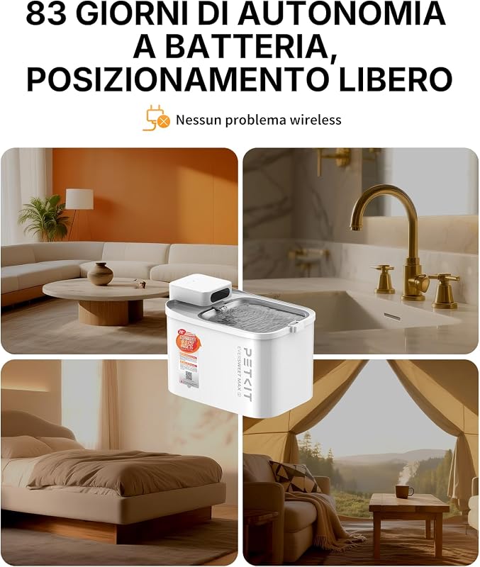 EVERSWEET MAX 2 Fontanella per Gatti Senza Fili, 3L Fontana per Gatti con Sensore, Lavabile in Lavastoviglie, 25dB Ultra Silenziosa, Controllo App Intelligente, 5000 mAh Grande Autonomia