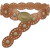 WHIPPY Women Disc Concho Leather Belt Western Cowgirl Hollow Belt Vintage Boho Oval Waist Belt for Music Festival Dress Jeans