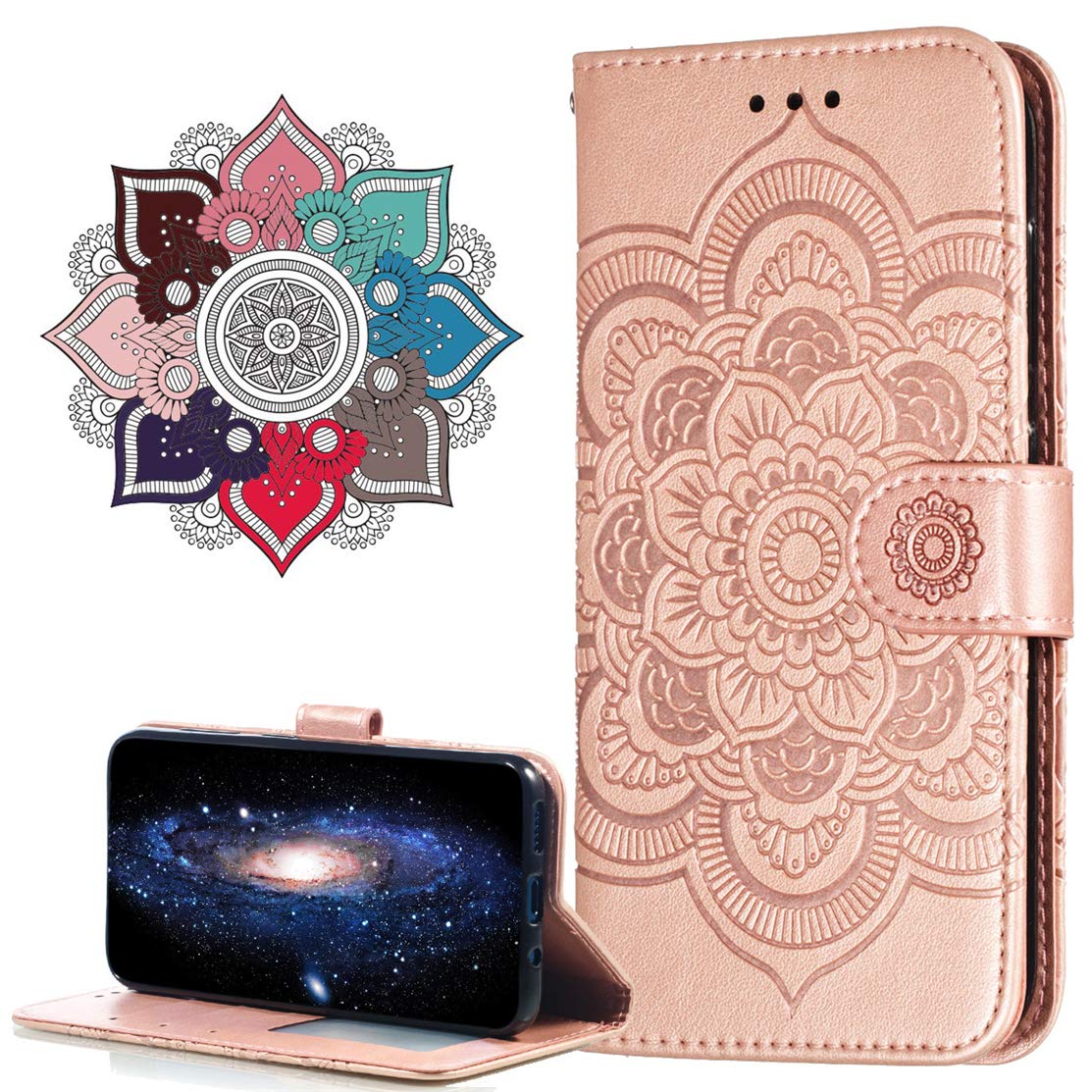 MRSTER Flip Case for Moto E5 Play Go PU Leather Wallet Closure Embossed Shockproof Cover with Kickstand Card Slots Holder for Motorola Moto E5 Play Go. LD Mandala Pink