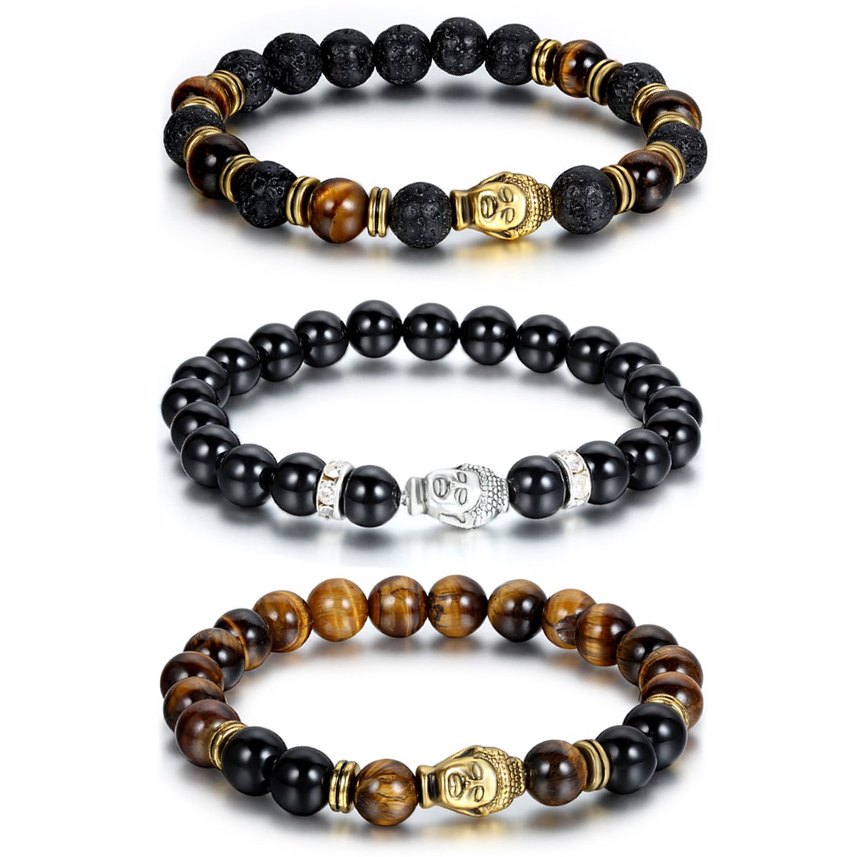 Cupimatch 3PCS Men Women 8mm Synthetic Agate Lava Rock Stone Buddha Beaded Bracelet Mother's Day