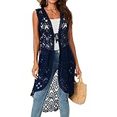 GLEAMISS Women's Crochet Long Vest Sleeveless Lace Cardigan Hollow Out Kimino Cover Up