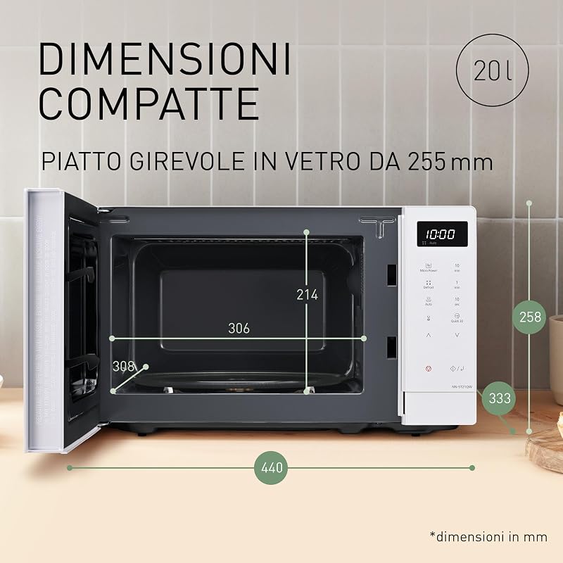 NN-ST21QWEPG Solo Forno a Microonde 20L con Piatto in Vetro, 800W, Scongelamento Automatico, 11 Programmi Automatici, Display LED, 5 Impostazioni di Potenza, Timer Digitale, Bianco