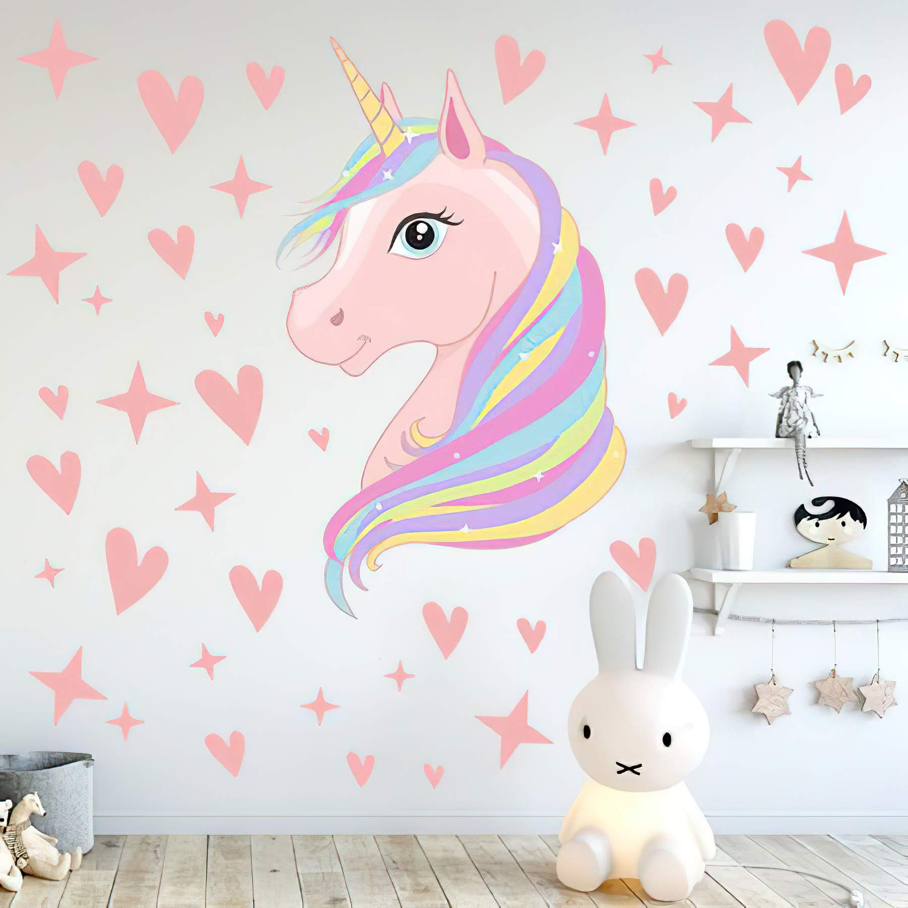 Senua Pink Unicorn Wall Decals Stars Love Hearts Stickers for Girls Babies Children Teens Kids Bedroom Nursery Christmas Birthday Party Decoration