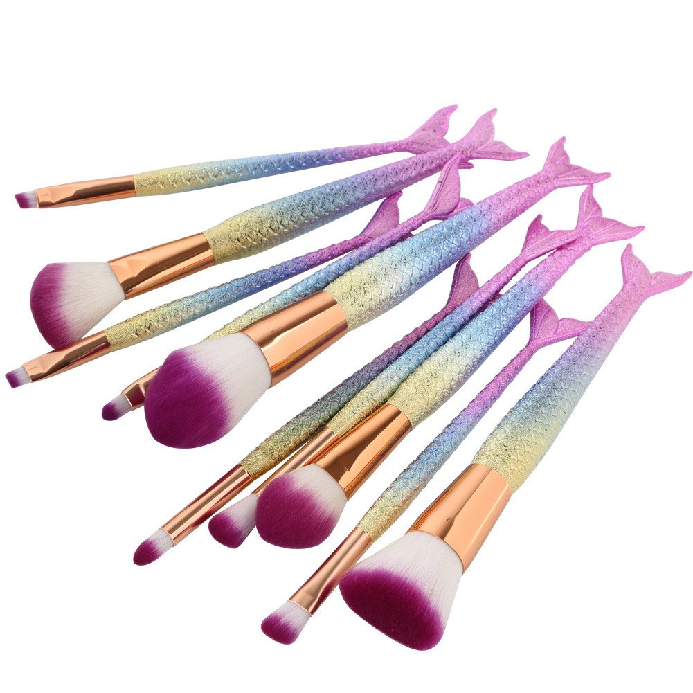 Coshine 10pcs/set Unique Mermaid Nylon Hair Makeup Brush Set Cosmetic Tools Kits (3D Rainbow)