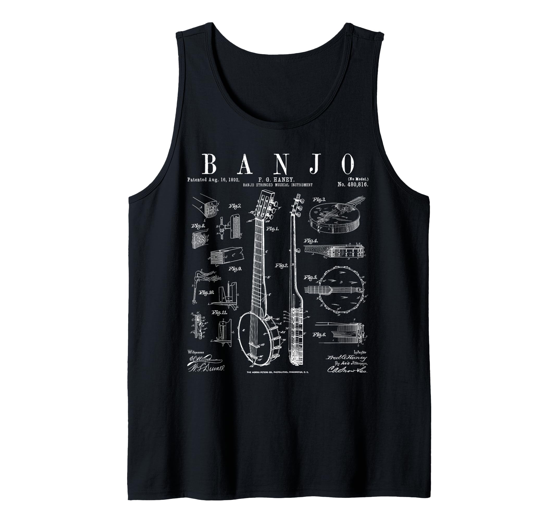 Banjo Musical Instrument Vintage Patent Drawing Print Tank Top
