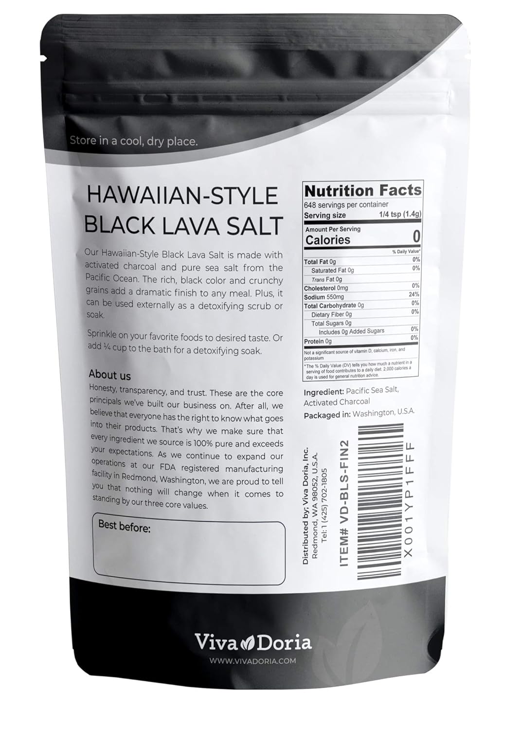 Viva Doria Hawaiian Black Lava Sea Salt, Fine Grain, Lava Salt, 2 lb (907 g) : Grocery & Gourmet Food