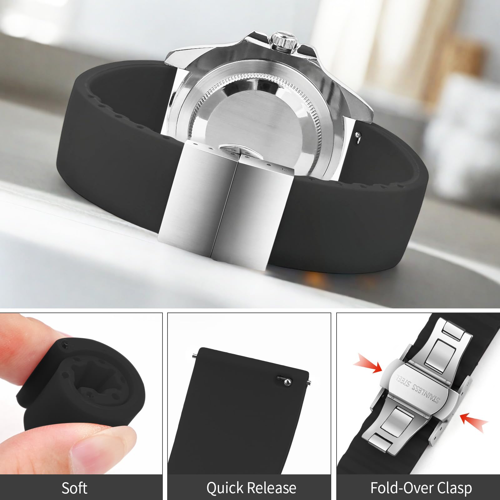 ULLCHRO Silicone Watch Strap Replacement Rubber Watch Band Waterproof - 14mm, 16mm, 18mm, 20mm, 22mm, 24mm Watch Bracelet with Stainless Steel Deployment Buckle