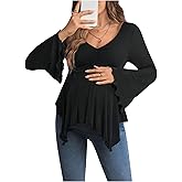 BEAUDRM Women's Maternity Shirts Bell Long Sleeve Pregnancy Tops Ruched V Neck Asymmetrical T-Shirt