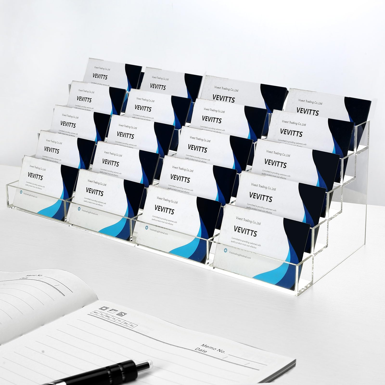 Photo 1 of Vevitts 20 Slots Acrylic Business Card Holder for Desk Business Card Stand Clear Plastic Multiple Cards Display Stand Rack for Office Supplies Home School Brochure File Table Recipe