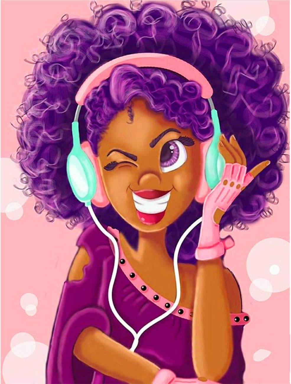 5D Diamond Painting Earphones Little African Girl Full Drill by Number Kits for Adults, SKRYUIE DIY Rhinestone Pasted Paint with Diamond Set Arts Craft Decorations (12x16inch)