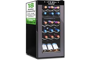 NutriChef 18 Bottle Wine Fridge | Dual Zone Wine Chiller | Adjustable Temperature 41Â°F to 64Â°F | Ultra Quiet Operation | Wine Cooler For Home & Office | Free Standing 32x13x19 IN | Black