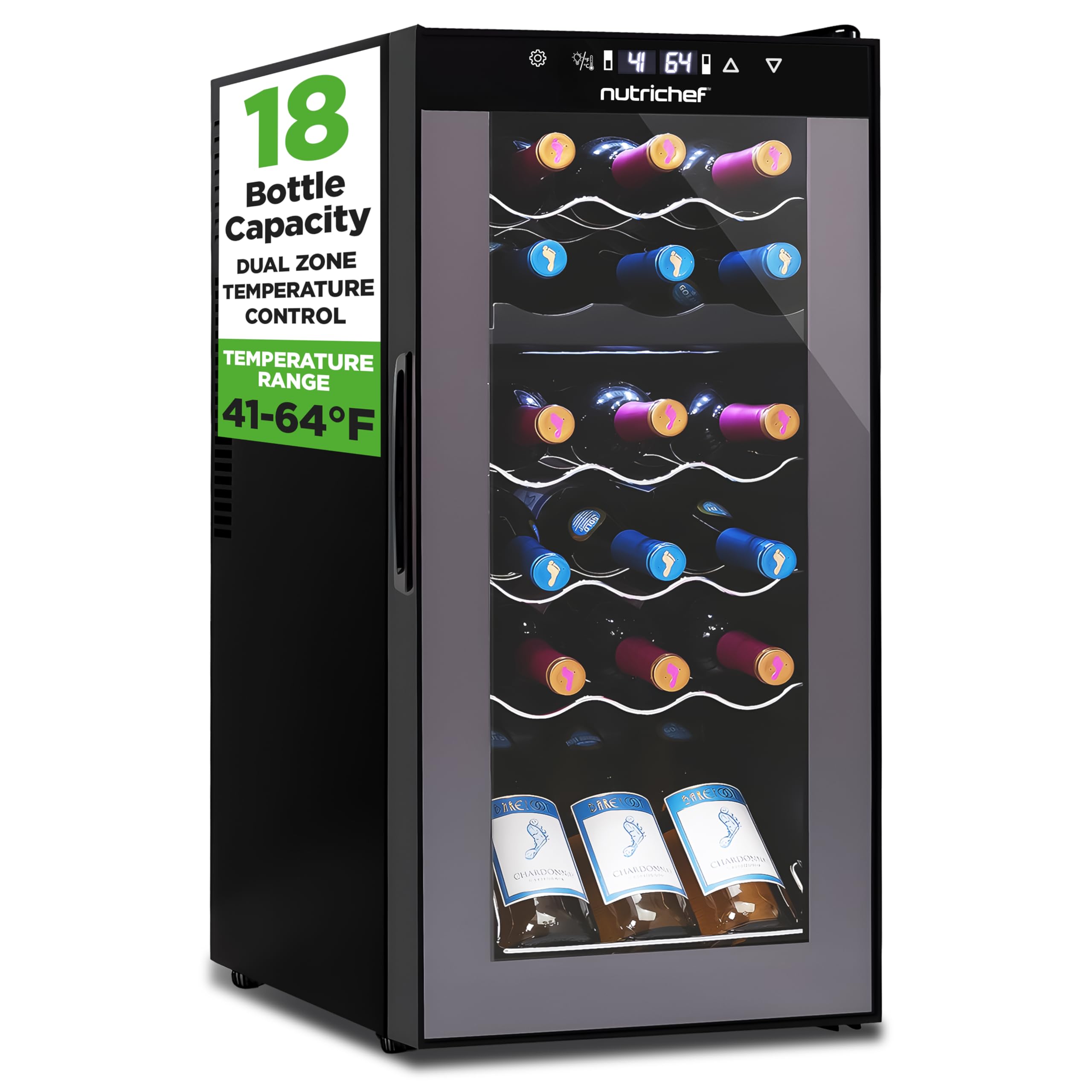 Photo 1 of *UNTESTED*
NutriChef PKCWCDS188 Freestanding Wine Fridge, 18 Bottle Dual Zone Beverage Cooler for Home & Office, 32x13x19 inches, Adjustable Temp 41-64F, Black