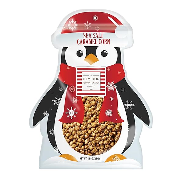 SEA SALT CARAMEL POPCORN RESEALABLE PENGUIN SHAPE BAG, 12 OUNCE, FRESH GOURMET POPCORN