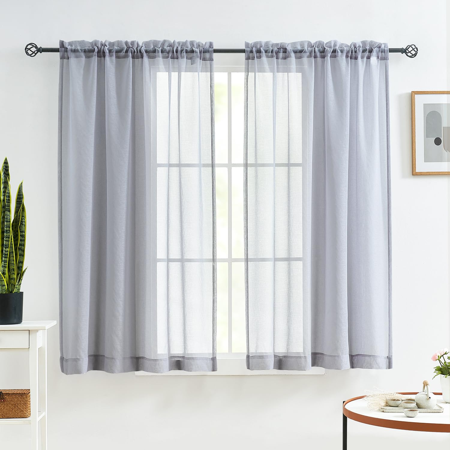 MYSTIC-HOME Sheer Curtains 45 Inch Length, Rod Pocket Voile Drapes Treatments Semi Crinkle Curtain Panels Set of 2, Silver Grey, 52" Wx45 L